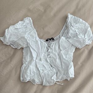 Zara White Button-Up Puff Sleeve Blouse